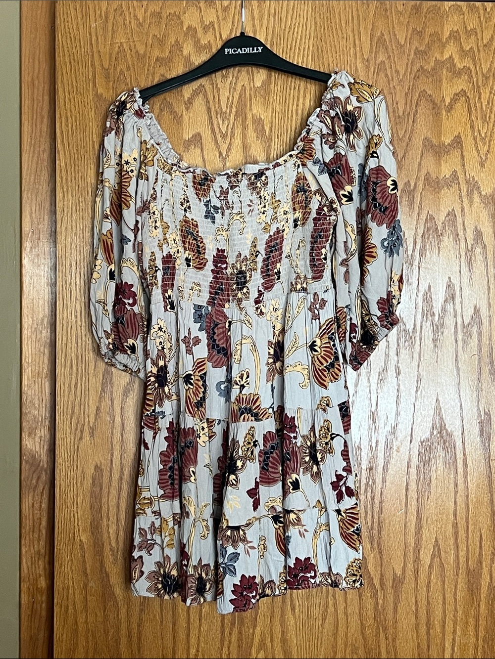 Angie Floral Smocked Tunic Dress - Cream, Burgundy & Mustard